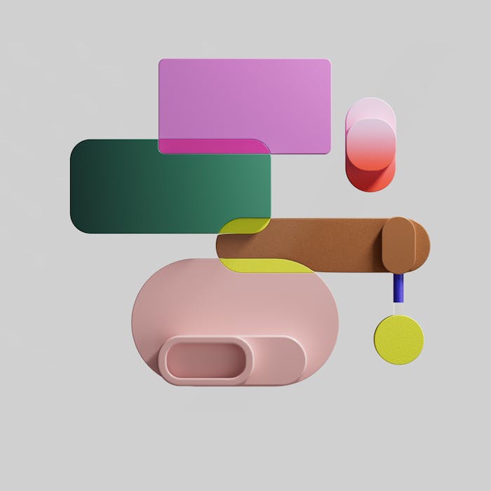 Colorful abstract 3D shapes arranged on a soft gray background, evoking modern art.